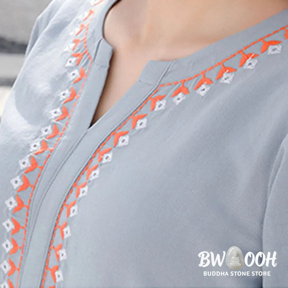 BWOOOH 2Pcs V-neck Embroidery Yoga Clothing Zen Meditation Cotton Linen Top Pants Women’s Set - Clothes