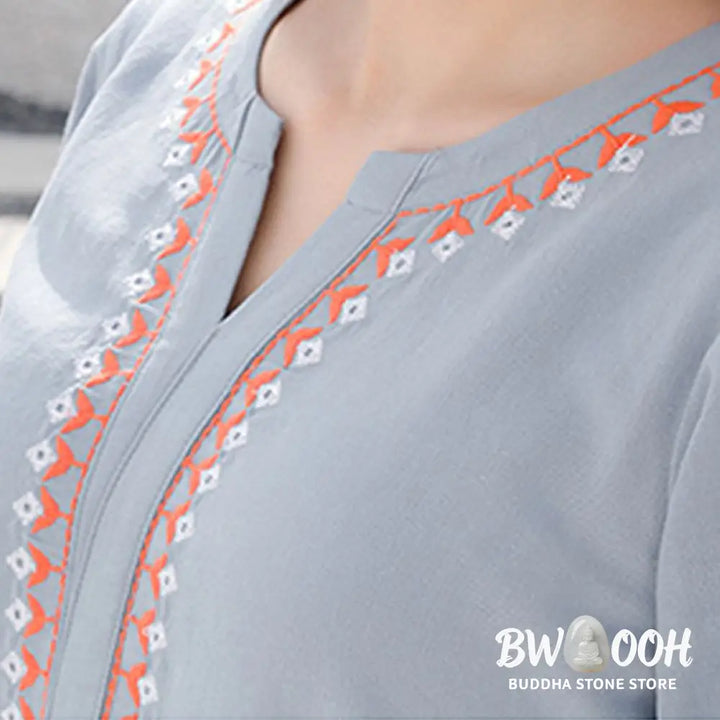 BWOOOH 2Pcs V-neck Embroidery Yoga Clothing Zen Meditation Cotton Linen Top Pants Women’s Set - Clothes