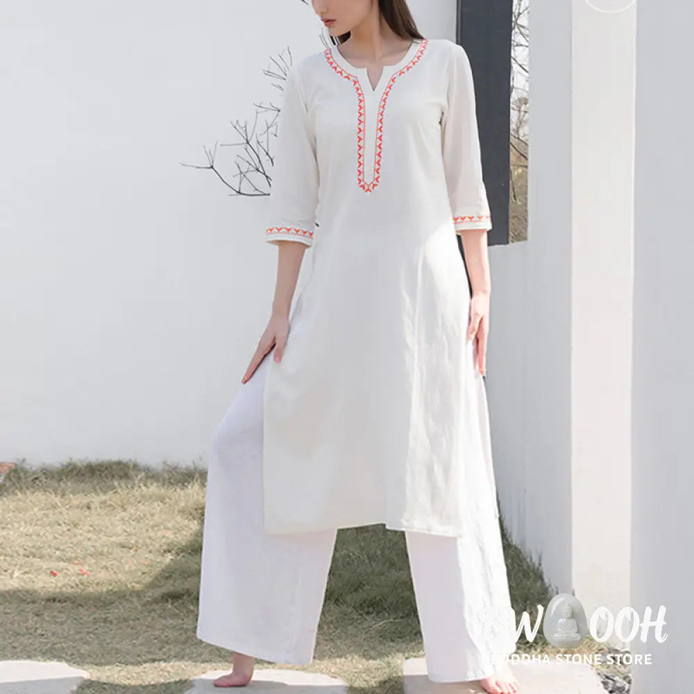 BWOOOH 2Pcs V-neck Embroidery Yoga Clothing Zen Meditation Cotton Linen Top Pants Women’s Set - Clothes