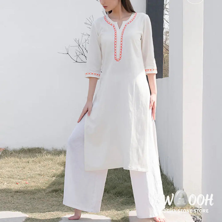 BWOOOH 2Pcs V-neck Embroidery Yoga Clothing Zen Meditation Cotton Linen Top Pants Women’s Set - Clothes