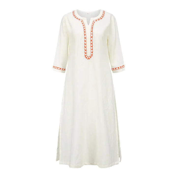 BWOOOH 2Pcs V-neck Embroidery Yoga Clothing Zen Meditation Cotton Linen Top Pants Women’s Set - White(Top Only)