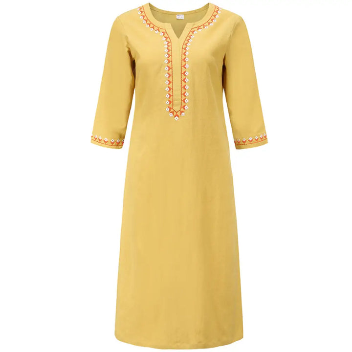 BWOOOH 2Pcs V-neck Embroidery Yoga Clothing Zen Meditation Cotton Linen Top Pants Women’s Set - Yellow(Top Only)