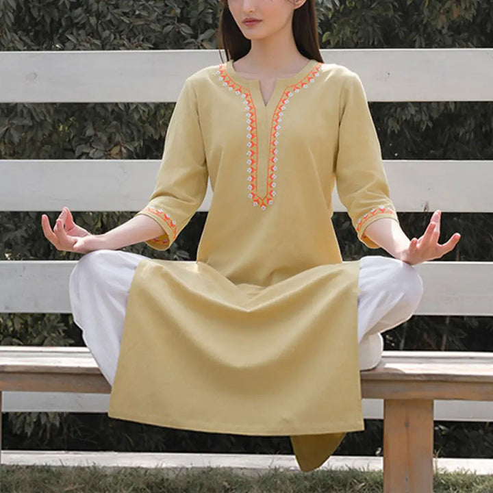 BWOOOH 2Pcs V-neck Embroidery Yoga Clothing Zen Meditation Cotton Linen Top Pants Women’s Set - Yellow Top&amp;White Pants