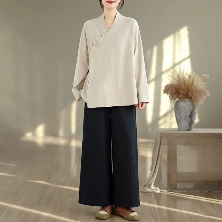BWOOOH printed wide-leg yoga pants - 2Pcs V-Neck Long Sleeve Shirt Wide Leg P