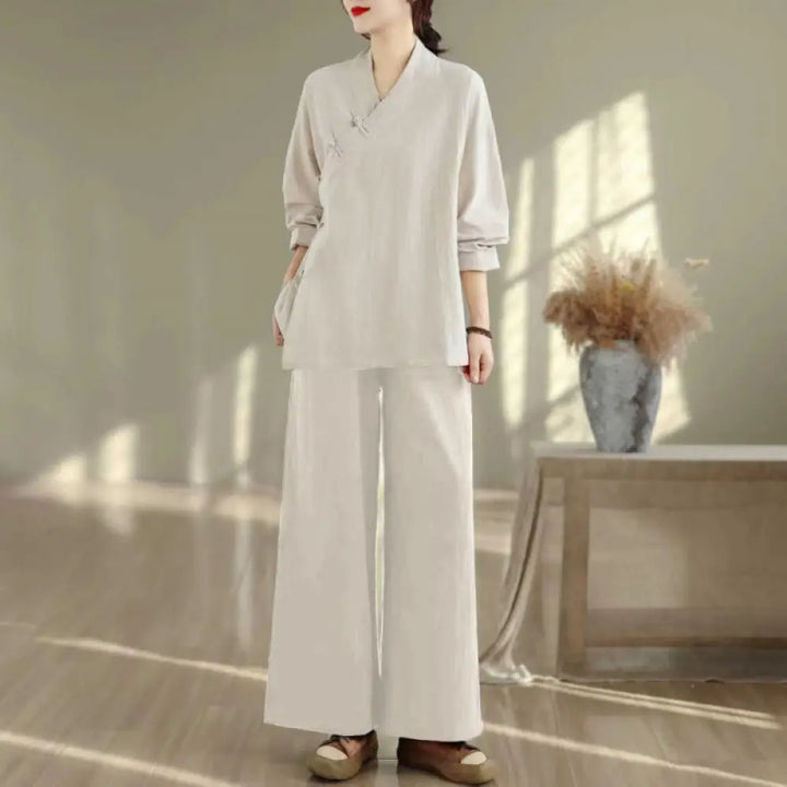 BWOOOH 2Pcs V-Neck Long Sleeve Shirt Wide Leg Pants Zen Meditation Women’s Set - Beige Shirt&amp;Pants / US4，UK/AU8，EU36