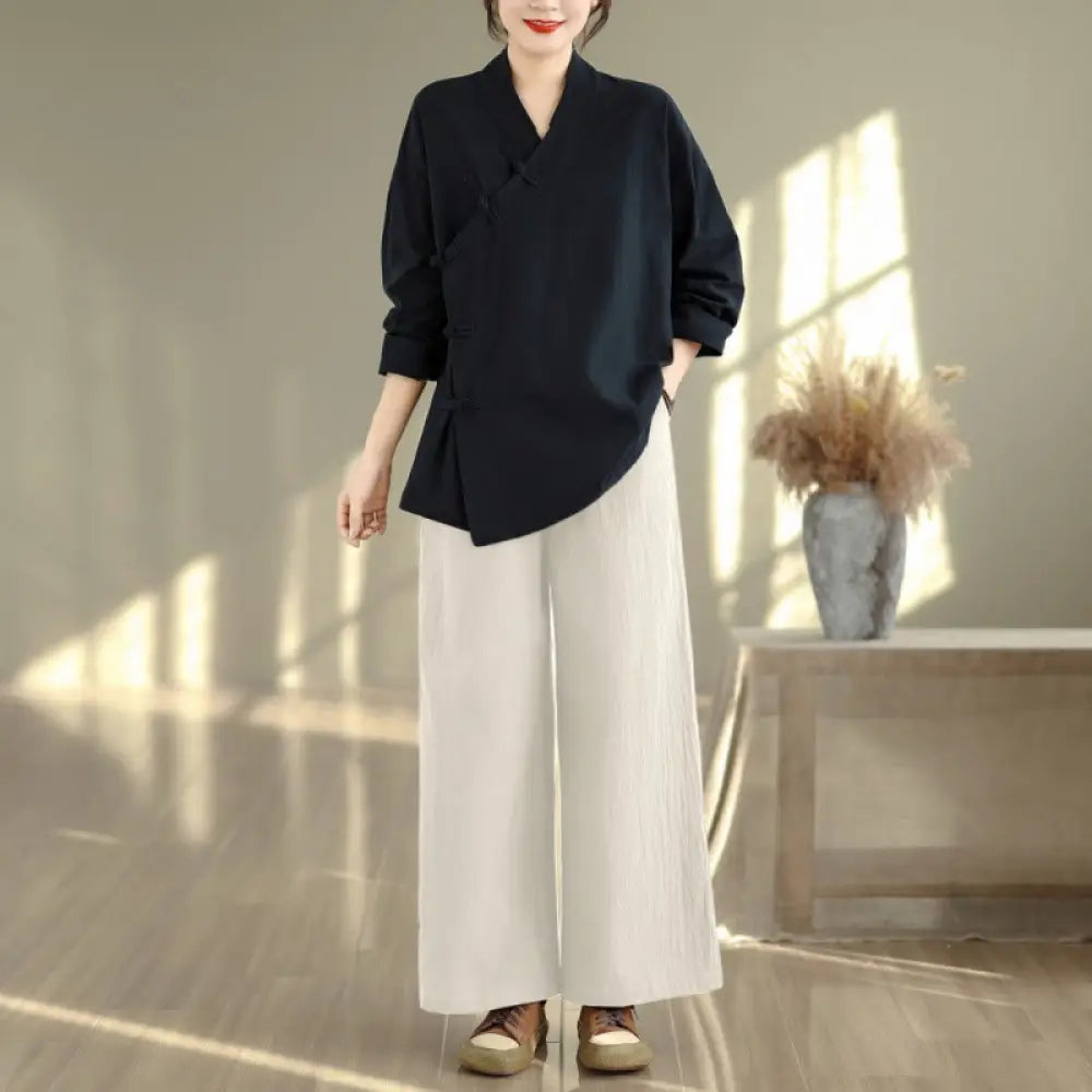 BWOOOH 2Pcs V-Neck Long Sleeve Shirt Wide Leg Pants Zen Meditation Women’s Set - Black Shirt&amp;Beige Pants