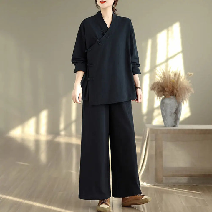 BWOOOH 2Pcs V-Neck Long Sleeve Shirt Wide Leg Pants Zen Meditation Women’s Set - Black Shirt&amp;Pants / US4，UK/AU8，EU36