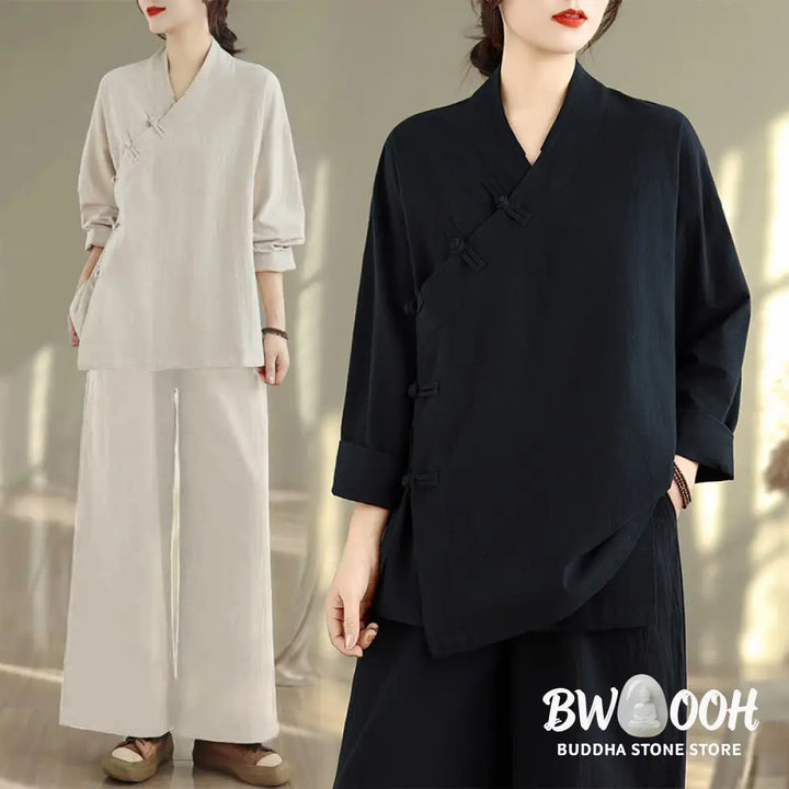 BWOOOH 2Pcs V-Neck Long Sleeve Shirt Wide Leg Pants Zen Meditation Women’s Set - Women’s Meditation Cloth