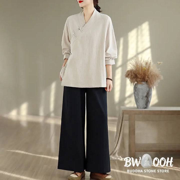 BWOOOH 2Pcs V-Neck Long Sleeve Shirt Wide Leg Pants Zen Meditation Women’s Set - Women’s Meditation Cloth