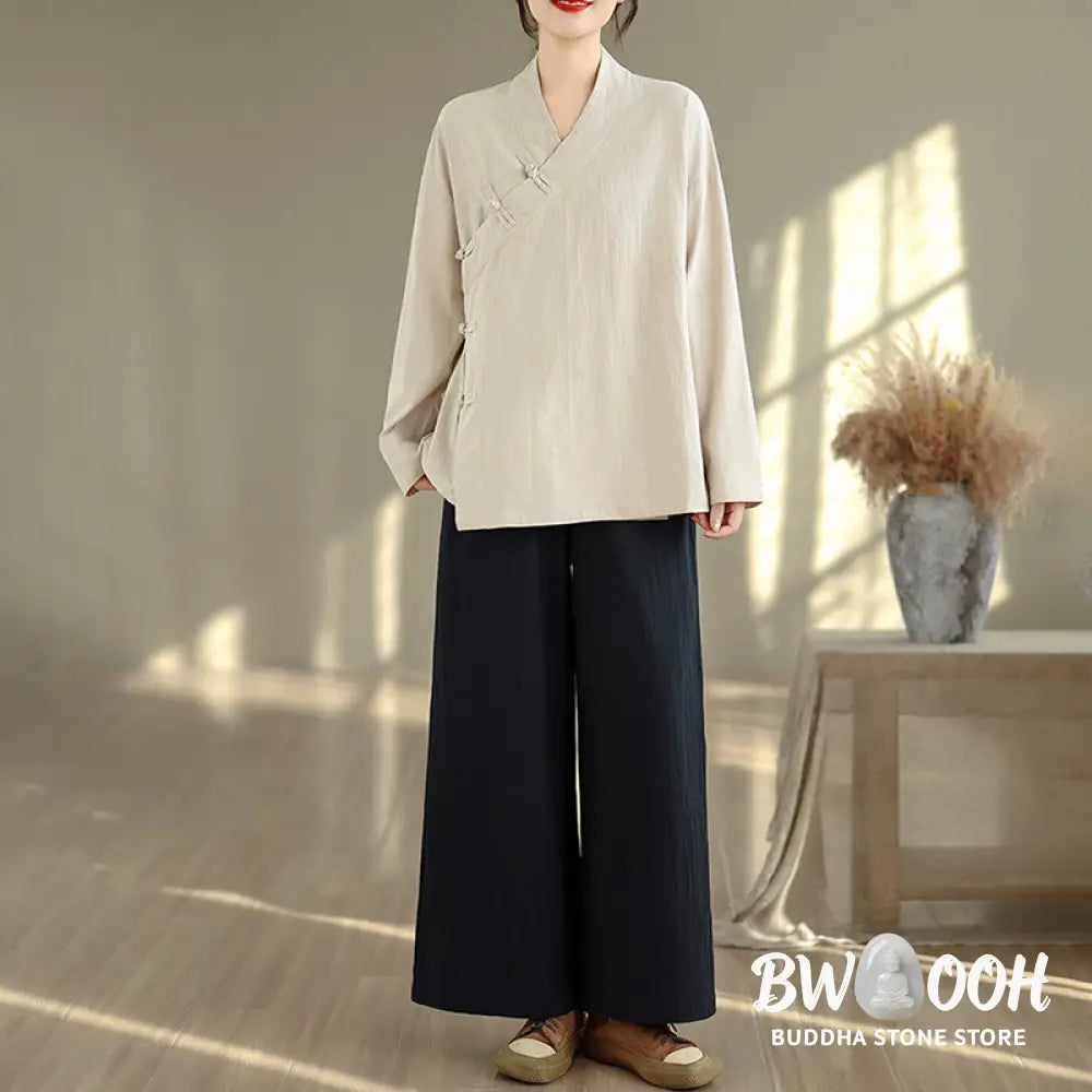 BWOOOH 2Pcs V-Neck Long Sleeve Shirt Wide Leg Pants Zen Meditation Women’s Set - Women’s Meditation Cloth