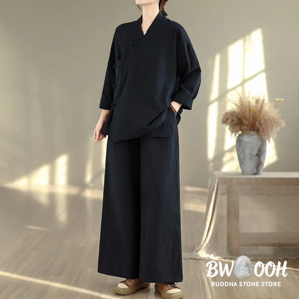 BWOOOH 2Pcs V-Neck Long Sleeve Shirt Wide Leg Pants Zen Meditation Women’s Set - Women’s Meditation Cloth