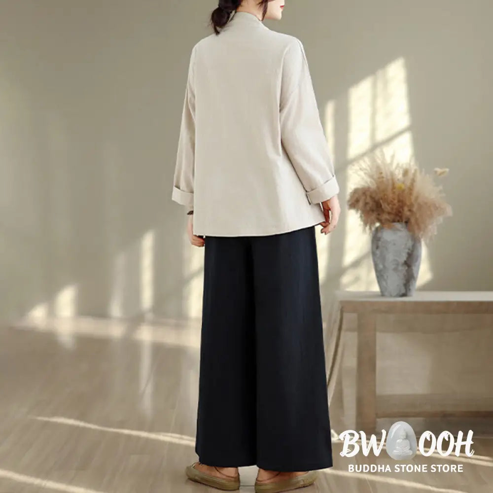 BWOOOH 2Pcs V-Neck Long Sleeve Shirt Wide Leg Pants Zen Meditation Women’s Set - Women’s Meditation Cloth
