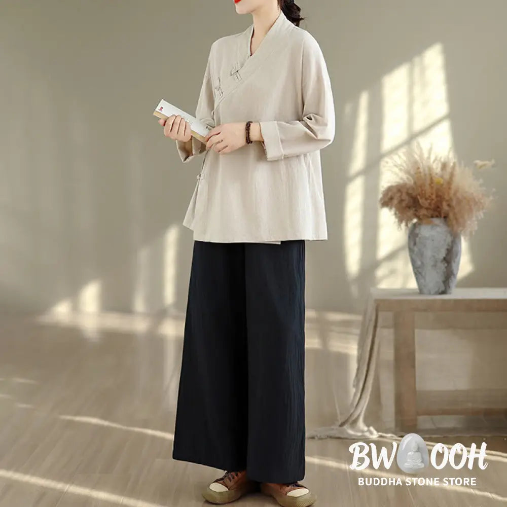 BWOOOH 2Pcs V-Neck Long Sleeve Shirt Wide Leg Pants Zen Meditation Women’s Set - Women’s Meditation Cloth