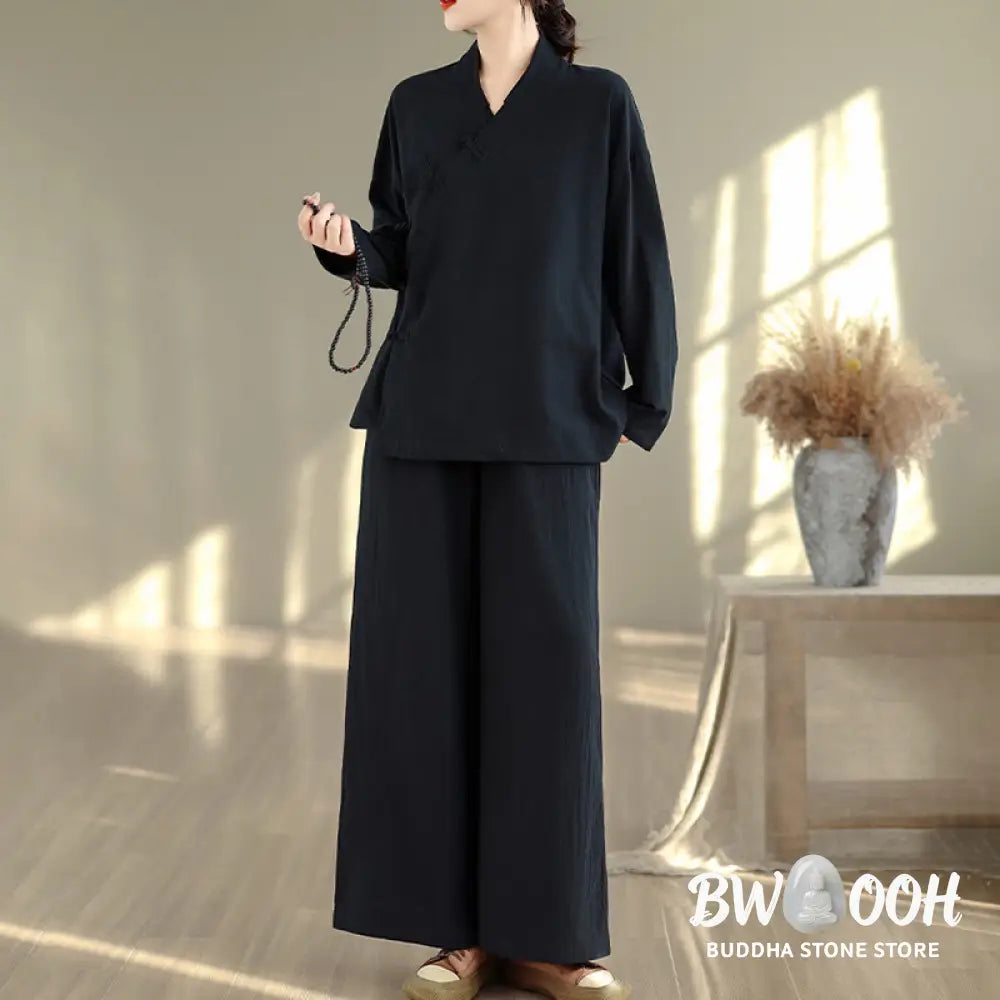 BWOOOH 2Pcs V-Neck Long Sleeve Shirt Wide Leg Pants Zen Meditation Women’s Set - Women’s Meditation Cloth