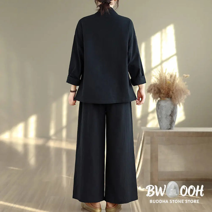 BWOOOH 2Pcs V-Neck Long Sleeve Shirt Wide Leg Pants Zen Meditation Women’s Set - Women’s Meditation Cloth