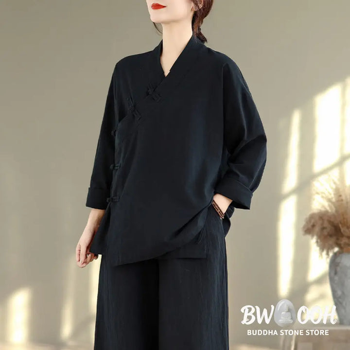 BWOOOH 2Pcs V-Neck Long Sleeve Shirt Wide Leg Pants Zen Meditation Women’s Set - Women’s Meditation Cloth