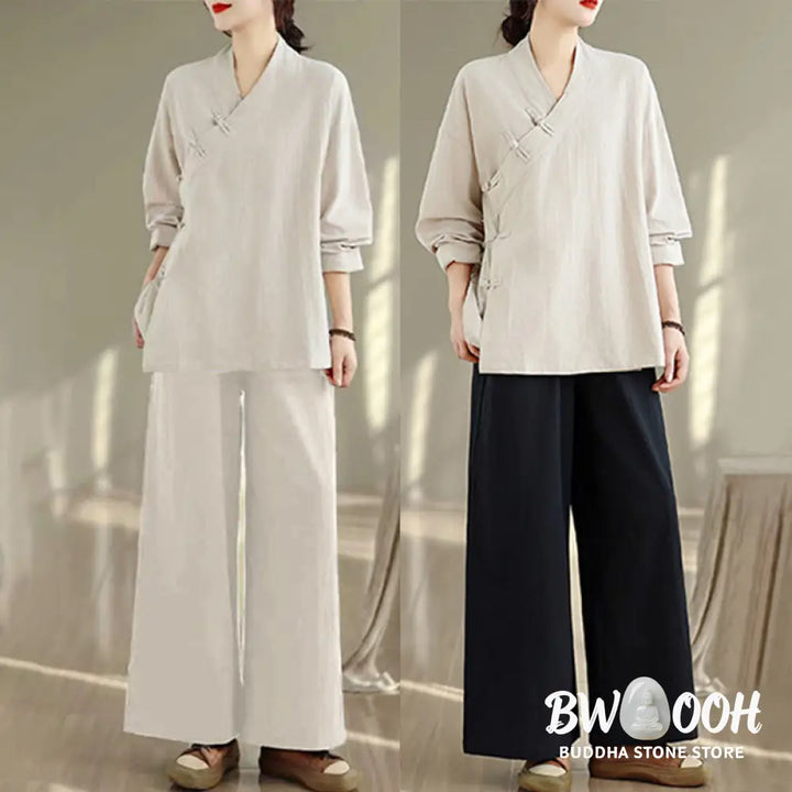 BWOOOH 2Pcs V-Neck Long Sleeve Shirt Wide Leg Pants Zen Meditation Women’s Set - Women’s Meditation Cloth