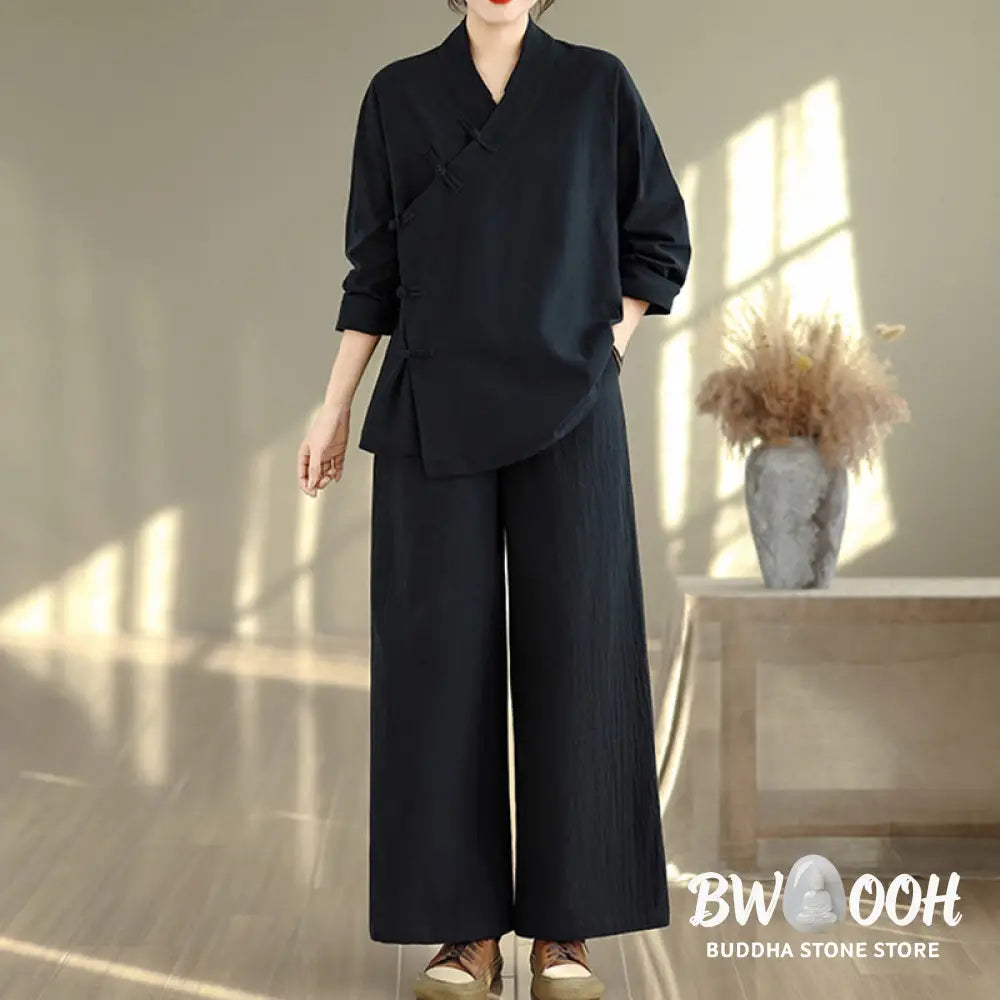 BWOOOH 2Pcs V-Neck Long Sleeve Shirt Wide Leg Pants Zen Meditation Women’s Set - Women’s Meditation Cloth