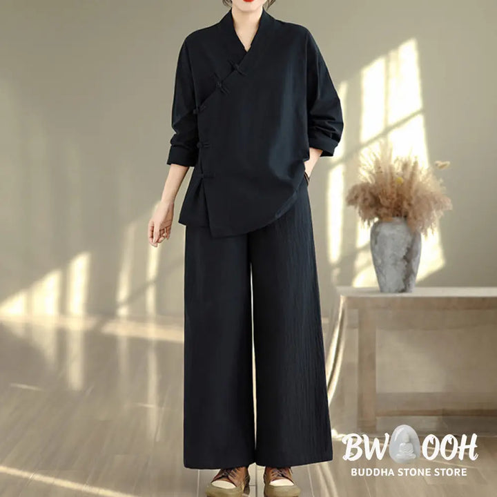 BWOOOH 2Pcs V-Neck Long Sleeve Shirt Wide Leg Pants Zen Meditation Women’s Set - Women’s Meditation Cloth