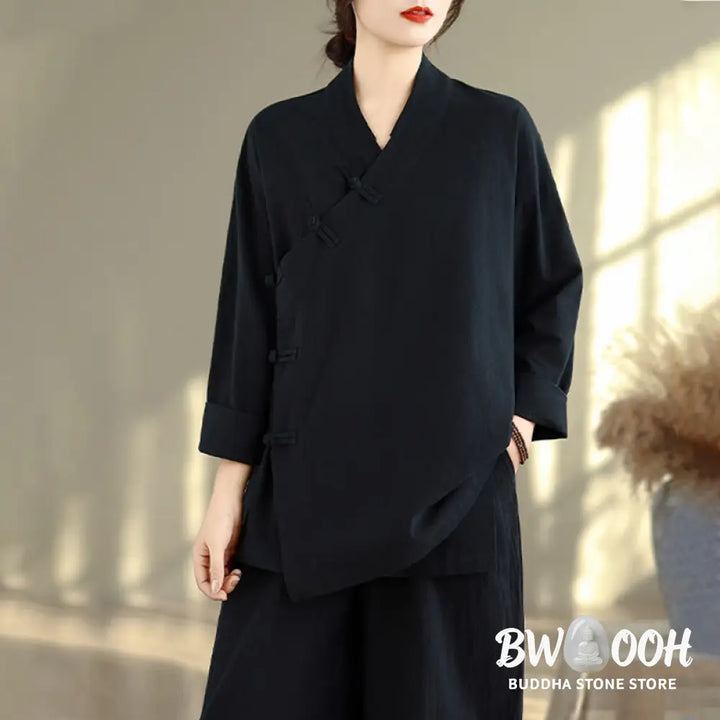 BWOOOH 2Pcs V-Neck Long Sleeve Shirt Wide Leg Pants Zen Meditation Women’s Set - Women’s Meditation Cloth