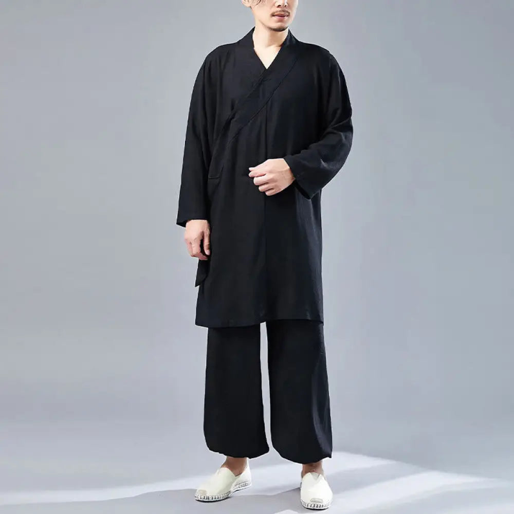 BWOOOH 2Pcs V-Neck Men’s Long Sleeve Shirt Top Pants Meditation Zen Tai Chi Cotton Linen Clothing Set - Black