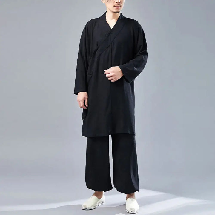 BWOOOH 2Pcs V-Neck Men’s Long Sleeve Shirt Top Pants Meditation Zen Tai Chi Cotton Linen Clothing Set - Black