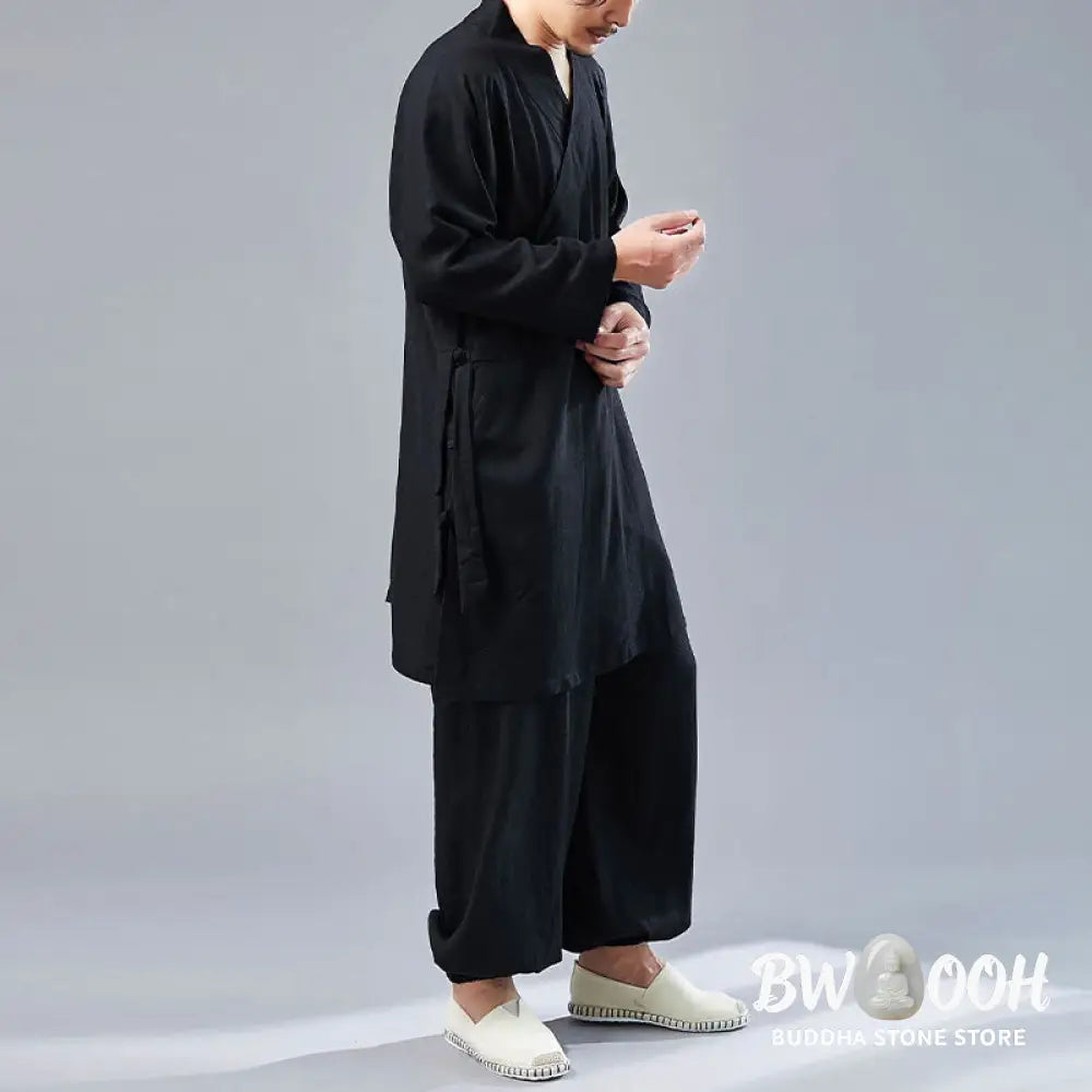 BWOOOH 2Pcs V-Neck Men’s Long Sleeve Shirt Top Pants Meditation Zen Tai Chi Cotton Linen Clothing Set - Men’s