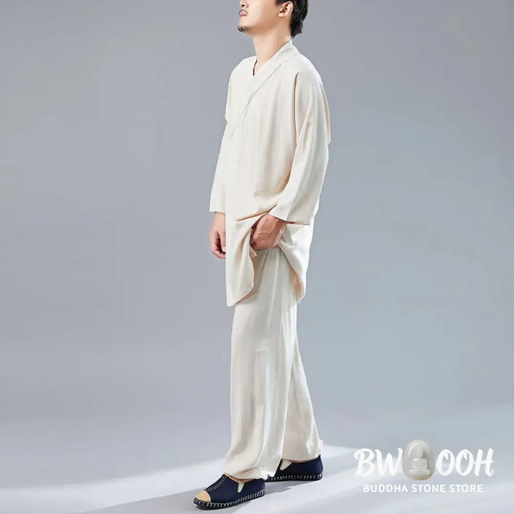 BWOOOH 2Pcs V-Neck Men’s Long Sleeve Shirt Top Pants Meditation Zen Tai Chi Cotton Linen Clothing Set - Men’s