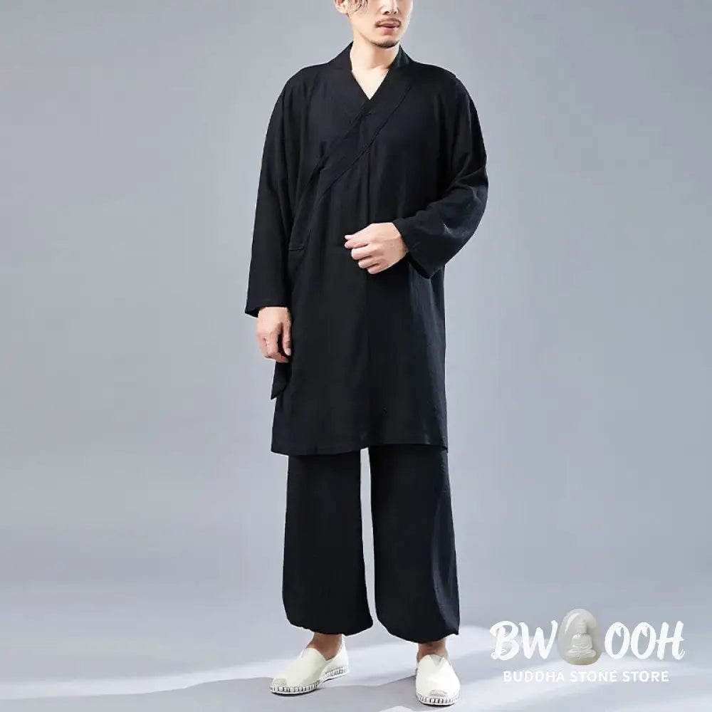 BWOOOH 2Pcs V-Neck Men’s Long Sleeve Shirt Top Pants Meditation Zen Tai Chi Cotton Linen Clothing Set - Men’s