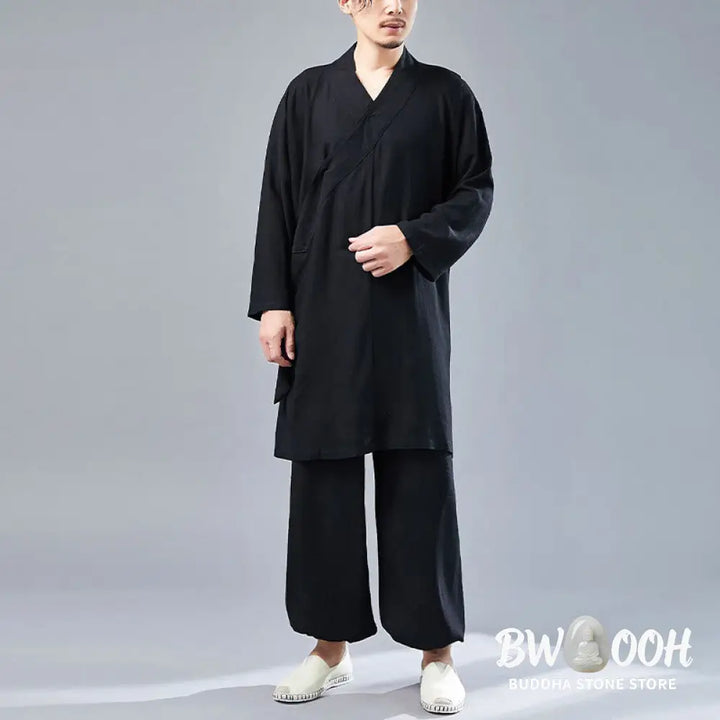 BWOOOH 2Pcs V-Neck Men’s Long Sleeve Shirt Top Pants Meditation Zen Tai Chi Cotton Linen Clothing Set - Men’s