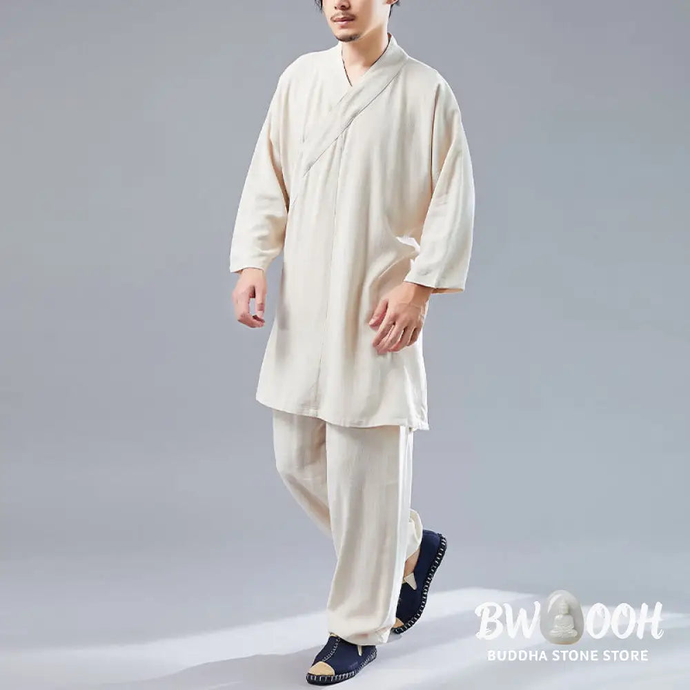 BWOOOH 2Pcs V-Neck Men’s Long Sleeve Shirt Top Pants Meditation Zen Tai Chi Cotton Linen Clothing Set - Men’s