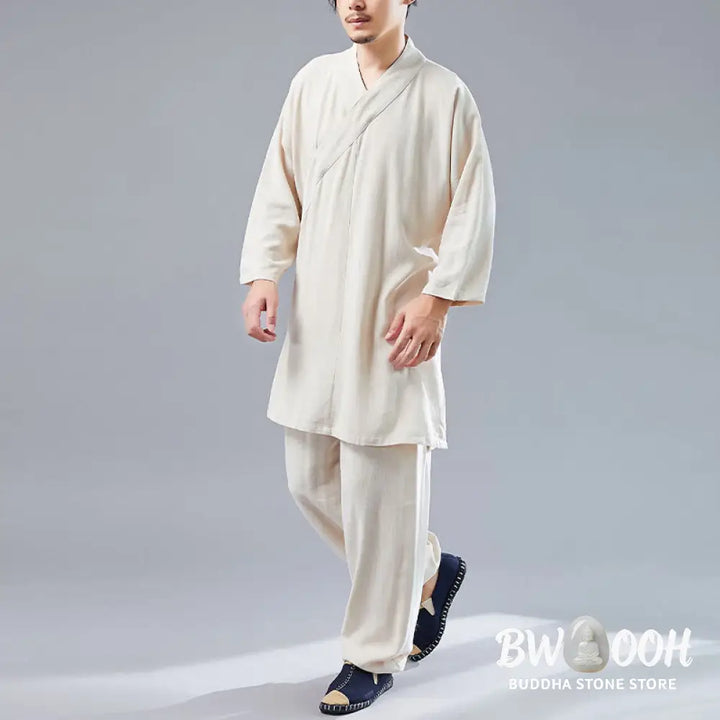 BWOOOH 2Pcs V-Neck Men’s Long Sleeve Shirt Top Pants Meditation Zen Tai Chi Cotton Linen Clothing Set - Men’s