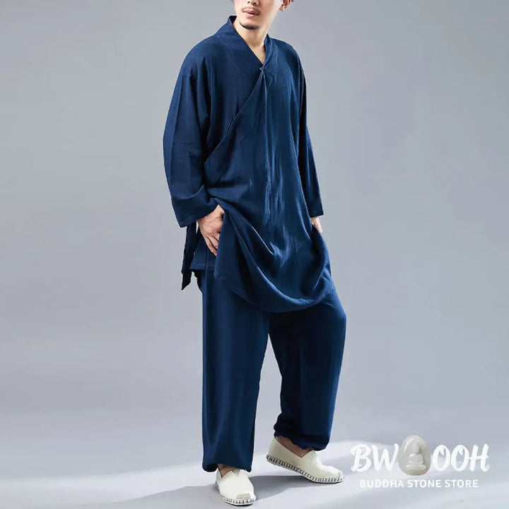 BWOOOH 2Pcs V-Neck Men’s Long Sleeve Shirt Top Pants Meditation Zen Tai Chi Cotton Linen Clothing Set - Men’s