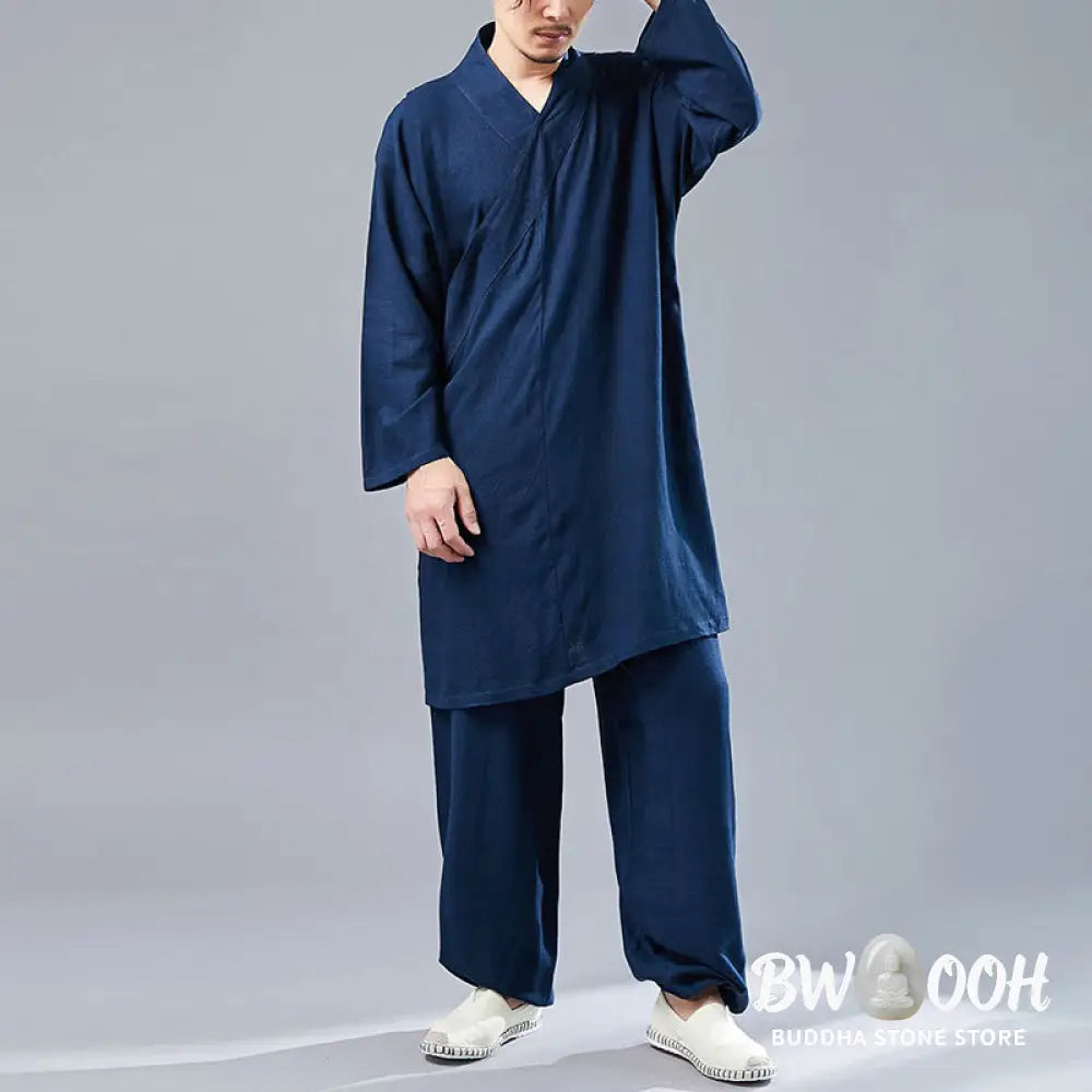 BWOOOH 2Pcs V-Neck Men’s Long Sleeve Shirt Top Pants Meditation Zen Tai Chi Cotton Linen Clothing Set - Men’s