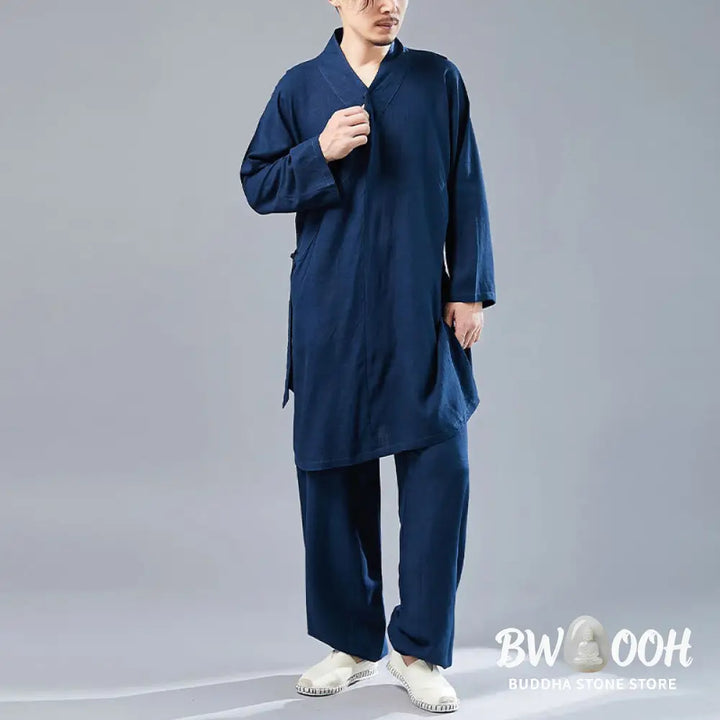 BWOOOH 2Pcs V-Neck Men’s Long Sleeve Shirt Top Pants Meditation Zen Tai Chi Cotton Linen Clothing Set - Men’s