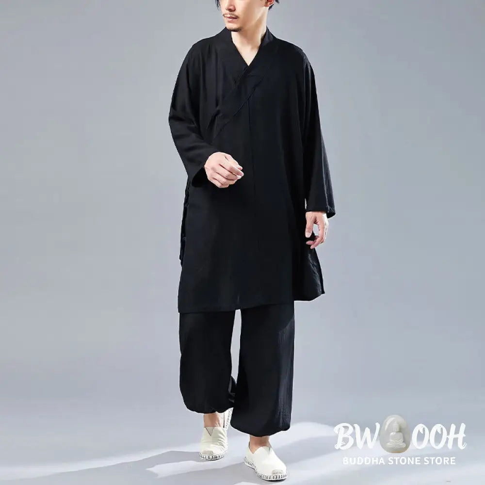 BWOOOH 2Pcs V-Neck Men’s Long Sleeve Shirt Top Pants Meditation Zen Tai Chi Cotton Linen Clothing Set - Men’s