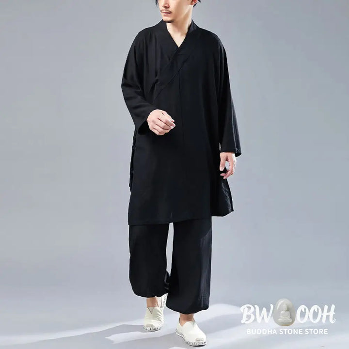 BWOOOH 2Pcs V-Neck Men’s Long Sleeve Shirt Top Pants Meditation Zen Tai Chi Cotton Linen Clothing Set - Men’s