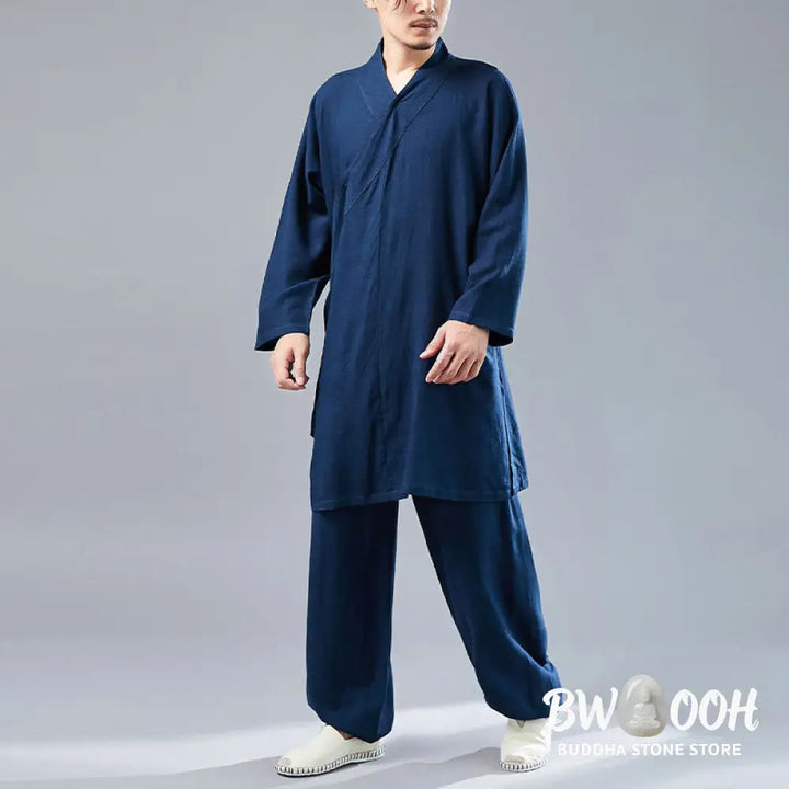 BWOOOH 2Pcs V-Neck Men’s Long Sleeve Shirt Top Pants Meditation Zen Tai Chi Cotton Linen Clothing Set - Men’s