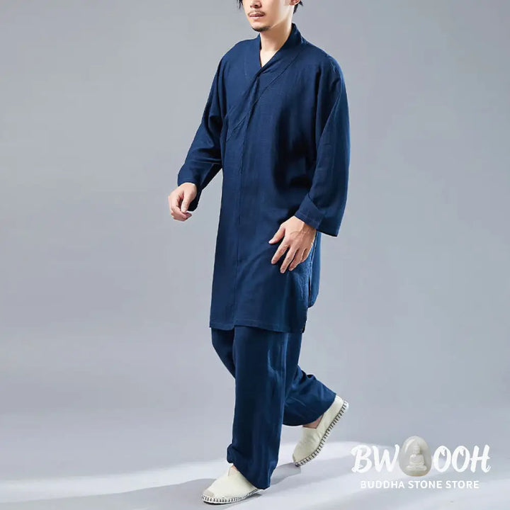BWOOOH 2Pcs V-Neck Men’s Long Sleeve Shirt Top Pants Meditation Zen Tai Chi Cotton Linen Clothing Set - Men’s