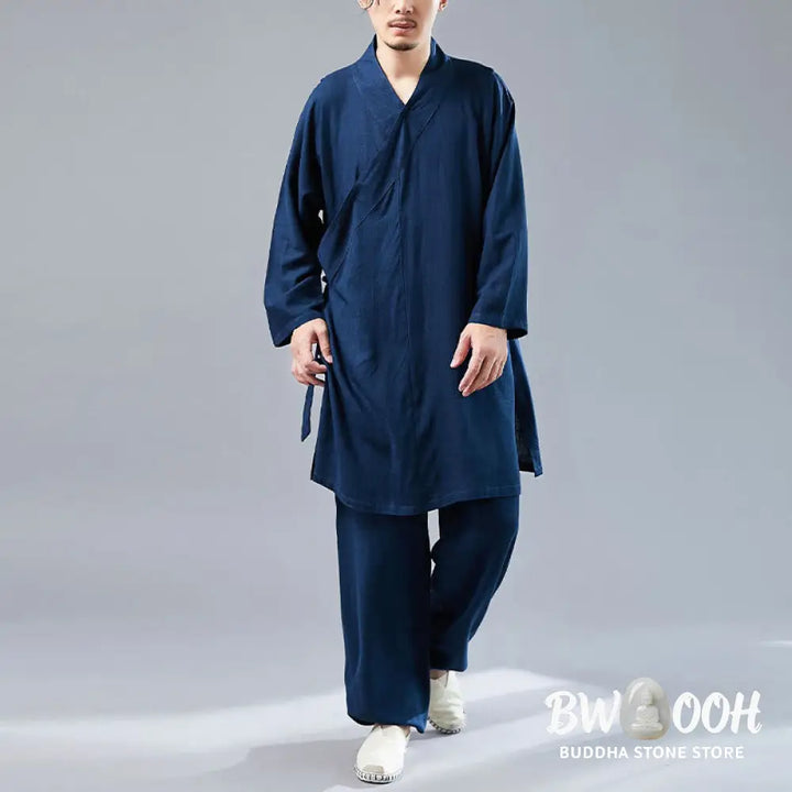 BWOOOH 2Pcs V-Neck Men’s Long Sleeve Shirt Top Pants Meditation Zen Tai Chi Cotton Linen Clothing Set - Men’s