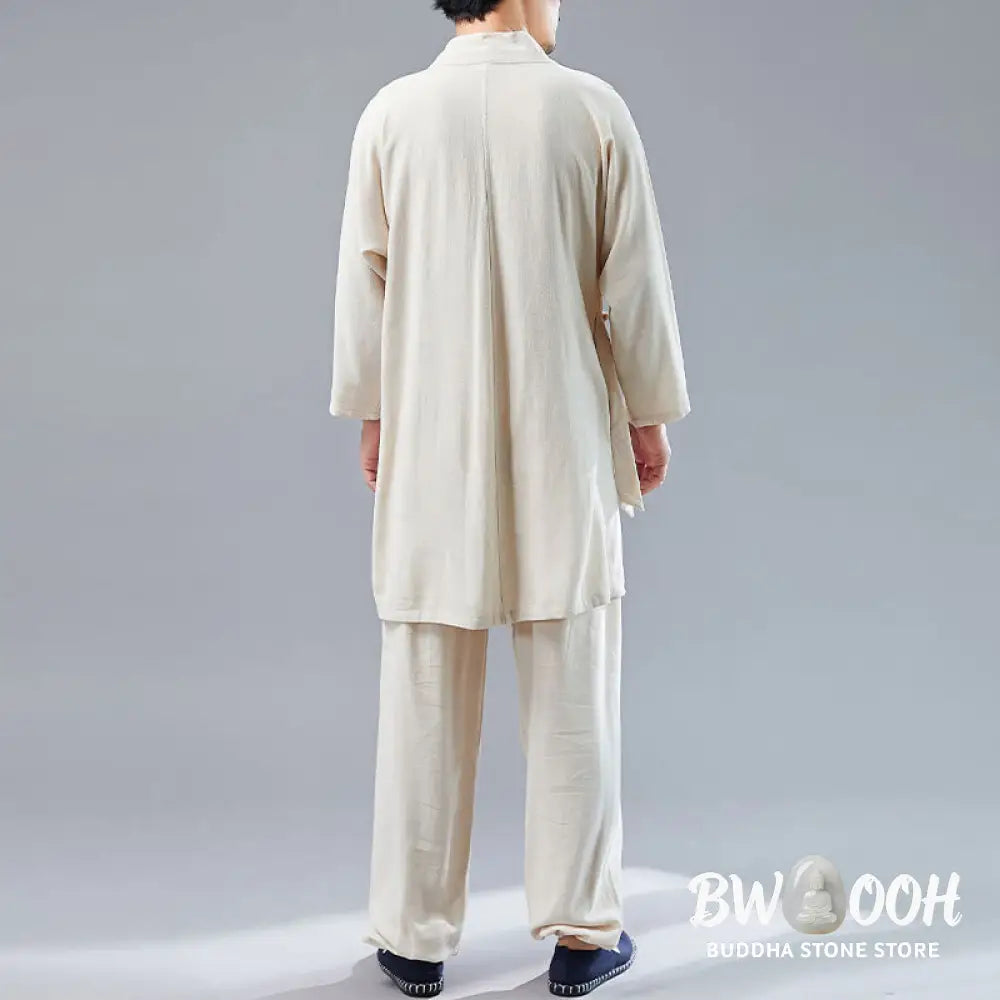 BWOOOH 2Pcs V-Neck Men’s Long Sleeve Shirt Top Pants Meditation Zen Tai Chi Cotton Linen Clothing Set - Men’s
