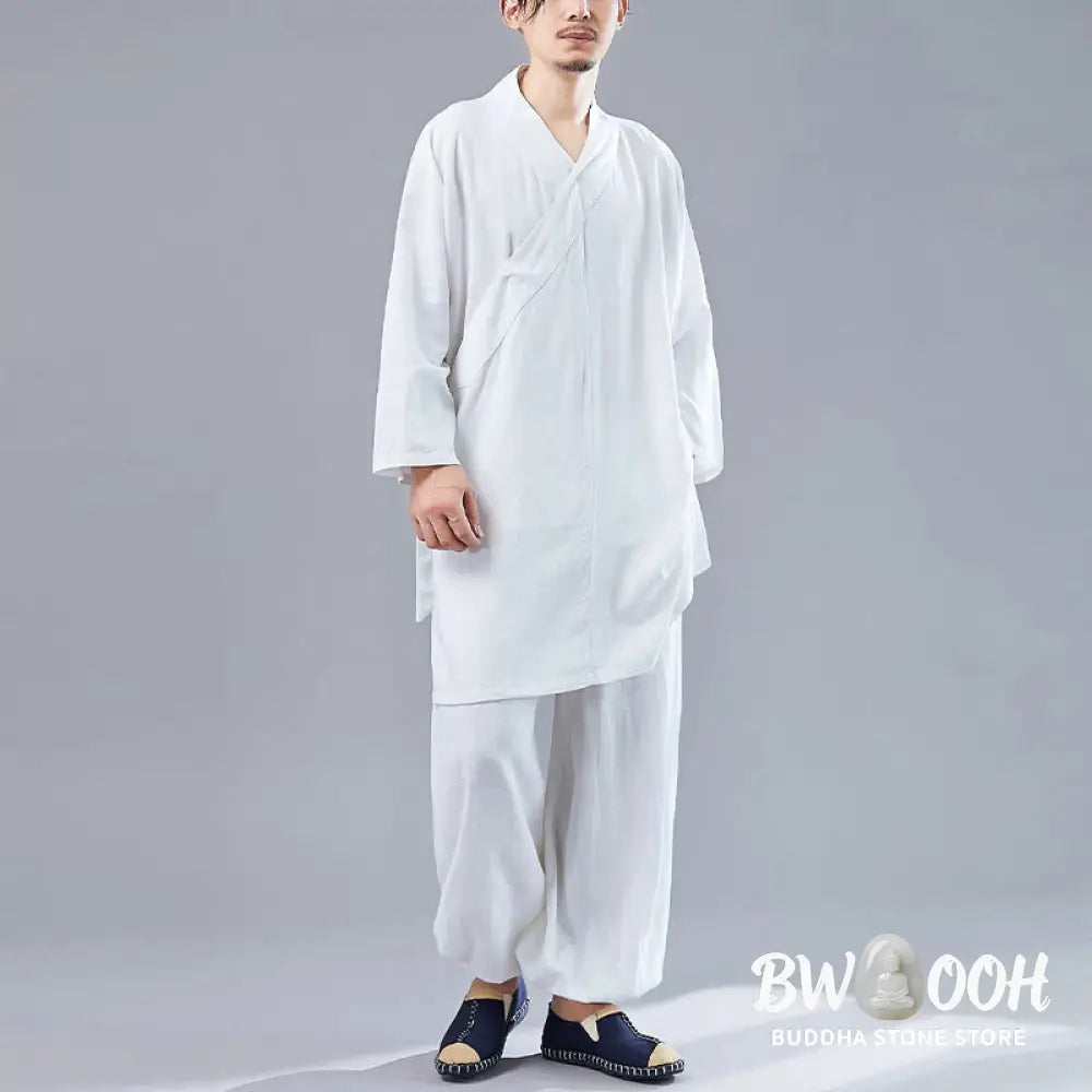 BWOOOH 2Pcs V-Neck Men’s Long Sleeve Shirt Top Pants Meditation Zen Tai Chi Cotton Linen Clothing Set - Men’s