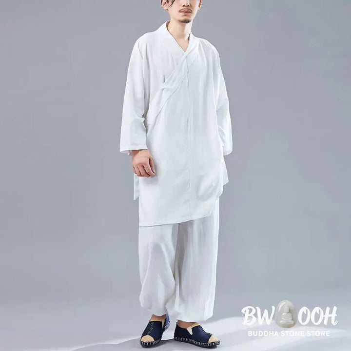 BWOOOH 2Pcs V-Neck Men’s Long Sleeve Shirt Top Pants Meditation Zen Tai Chi Cotton Linen Clothing Set - Men’s
