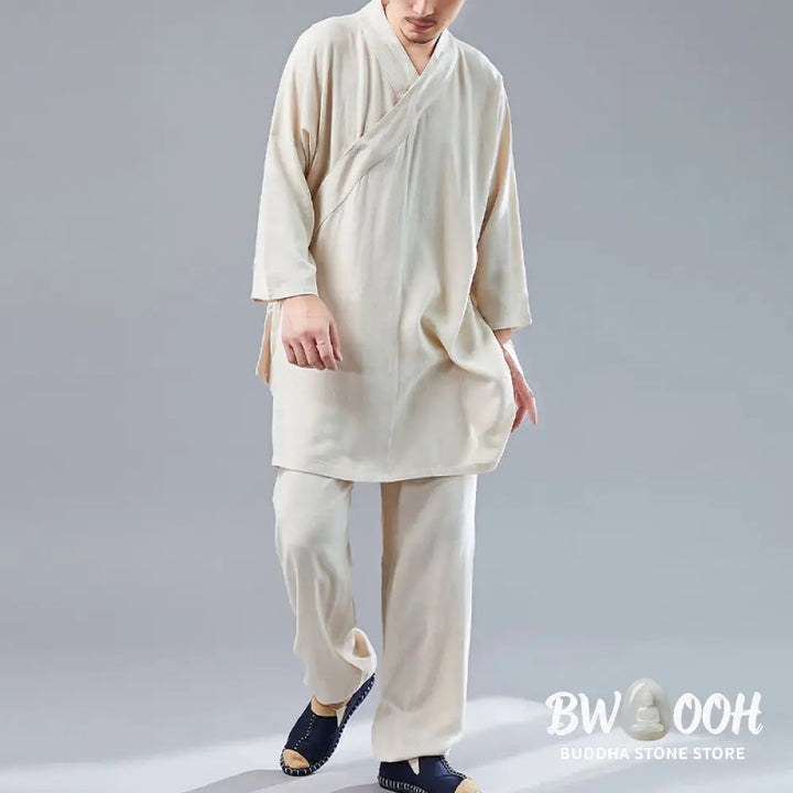 BWOOOH 2Pcs V-Neck Men’s Long Sleeve Shirt Top Pants Meditation Zen Tai Chi Cotton Linen Clothing Set - Men’s