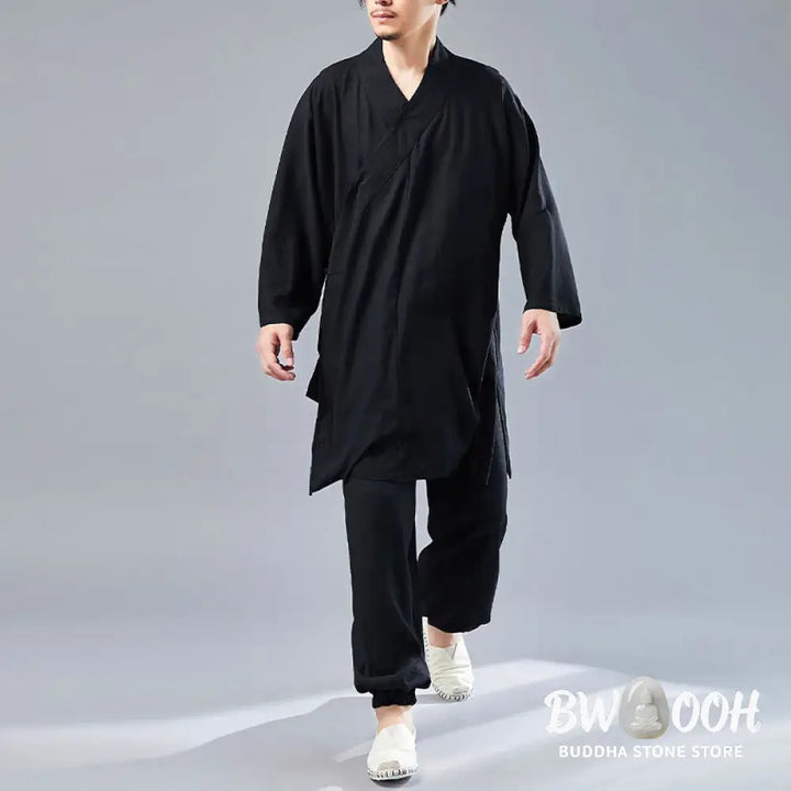 BWOOOH 2Pcs V-Neck Men’s Long Sleeve Shirt Top Pants Meditation Zen Tai Chi Cotton Linen Clothing Set - Men’s