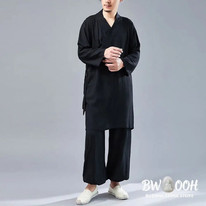 BWOOOH 2Pcs V-Neck Men’s Long Sleeve Shirt Top Pants Meditation Zen Tai Chi Cotton Linen Clothing Set - Men’s