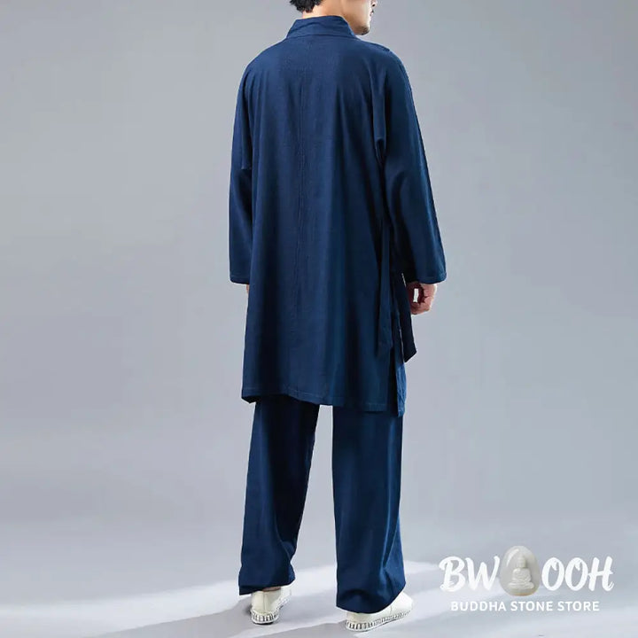 BWOOOH 2Pcs V-Neck Men’s Long Sleeve Shirt Top Pants Meditation Zen Tai Chi Cotton Linen Clothing Set - Men’s
