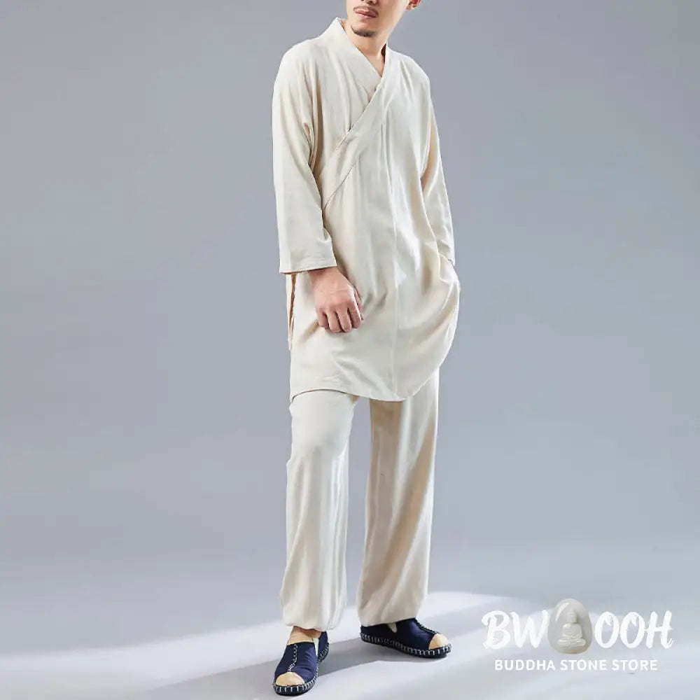 BWOOOH 2Pcs V-Neck Men’s Long Sleeve Shirt Top Pants Meditation Zen Tai Chi Cotton Linen Clothing Set - Men’s