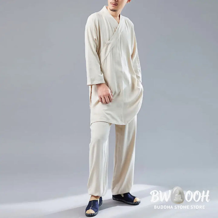 BWOOOH 2Pcs V-Neck Men’s Long Sleeve Shirt Top Pants Meditation Zen Tai Chi Cotton Linen Clothing Set - Men’s