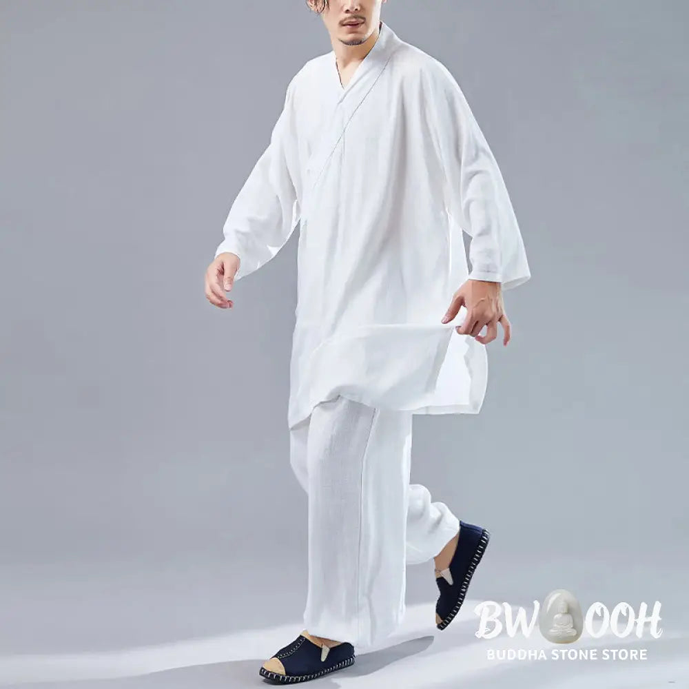BWOOOH 2Pcs V-Neck Men’s Long Sleeve Shirt Top Pants Meditation Zen Tai Chi Cotton Linen Clothing Set - Men’s